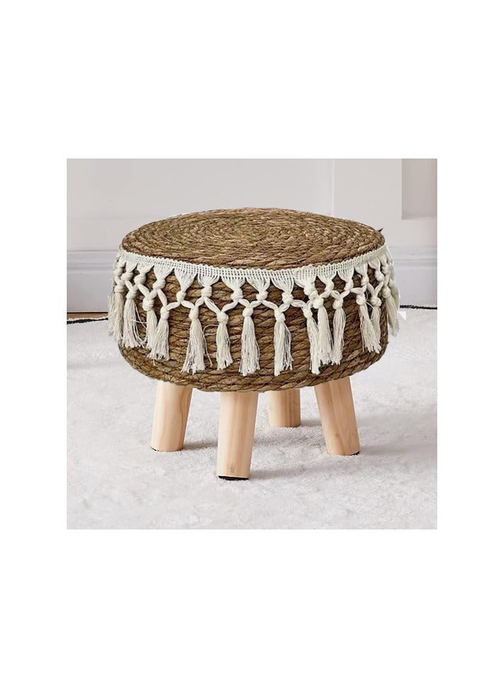 LINGWEI 42x38cm Natural Seagrass Foot Stool – Handwoven Round Pouf Ottoman with Padded Top & Non-Skid Pine Legs | Cozy Footrest for Couch, Desk, Office, Hallway, or Lounge - Image 2