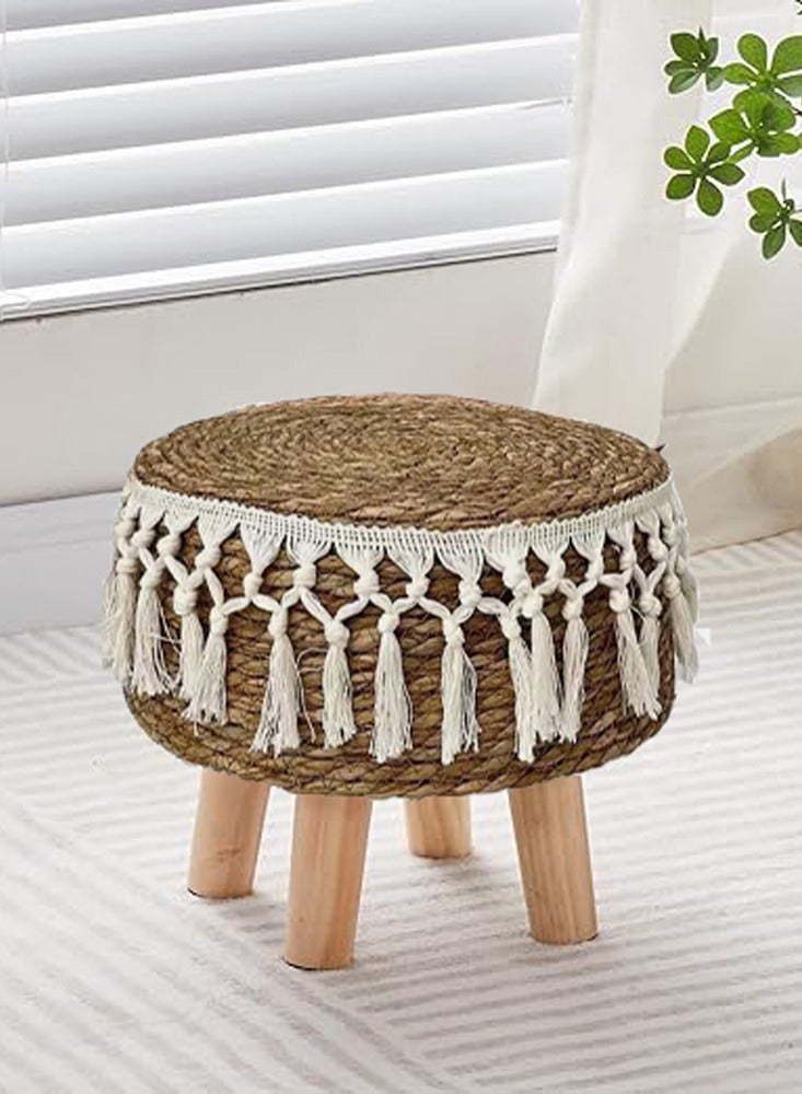 LINGWEI 42x38cm Natural Seagrass Foot Stool – Handwoven Round Pouf Ottoman with Padded Top & Non-Skid Pine Legs | Cozy Footrest for Couch, Desk, Office, Hallway, or Lounge - Image 3