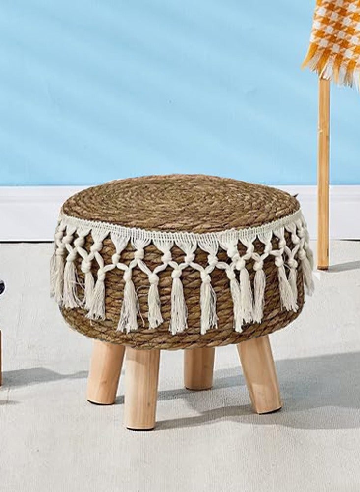 LINGWEI 42x38cm Natural Seagrass Foot Stool – Handwoven Round Pouf Ottoman with Padded Top & Non-Skid Pine Legs | Cozy Footrest for Couch, Desk, Office, Hallway, or Lounge - Image 4