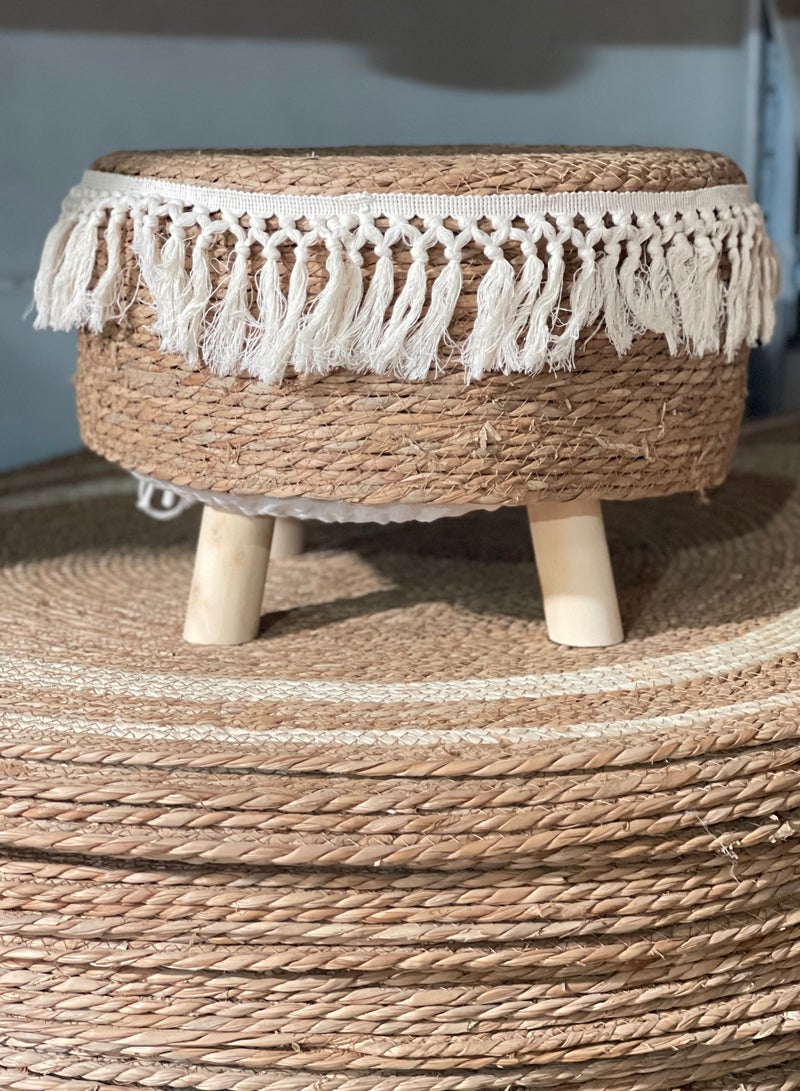 LINGWEI 42x38cm Natural Seagrass Foot Stool – Handwoven Round Pouf Ottoman with Padded Top & Non-Skid Pine Legs | Cozy Footrest for Couch, Desk, Office, Hallway, or Lounge - Image 5