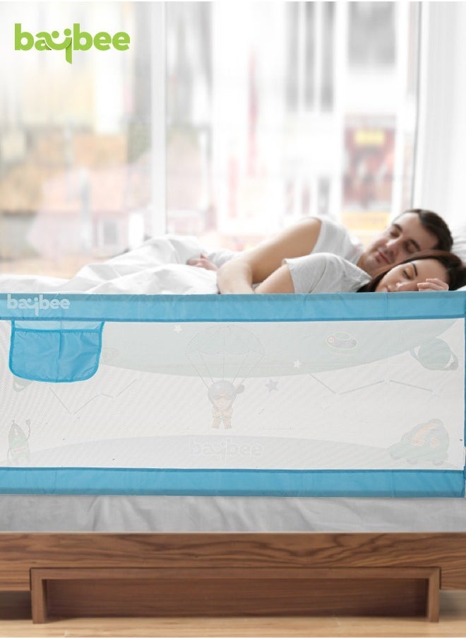 BAYBEE BAYBEE 180x63cm Baby Bed Rail Guard for Baby Toddlers Safety, Portable Kids Bedrail Safeguard Bed Fence Barrier with Adjustable Height Foldable Single Side Bed Protector for Newborn Baby Falling Blue  - Image 2