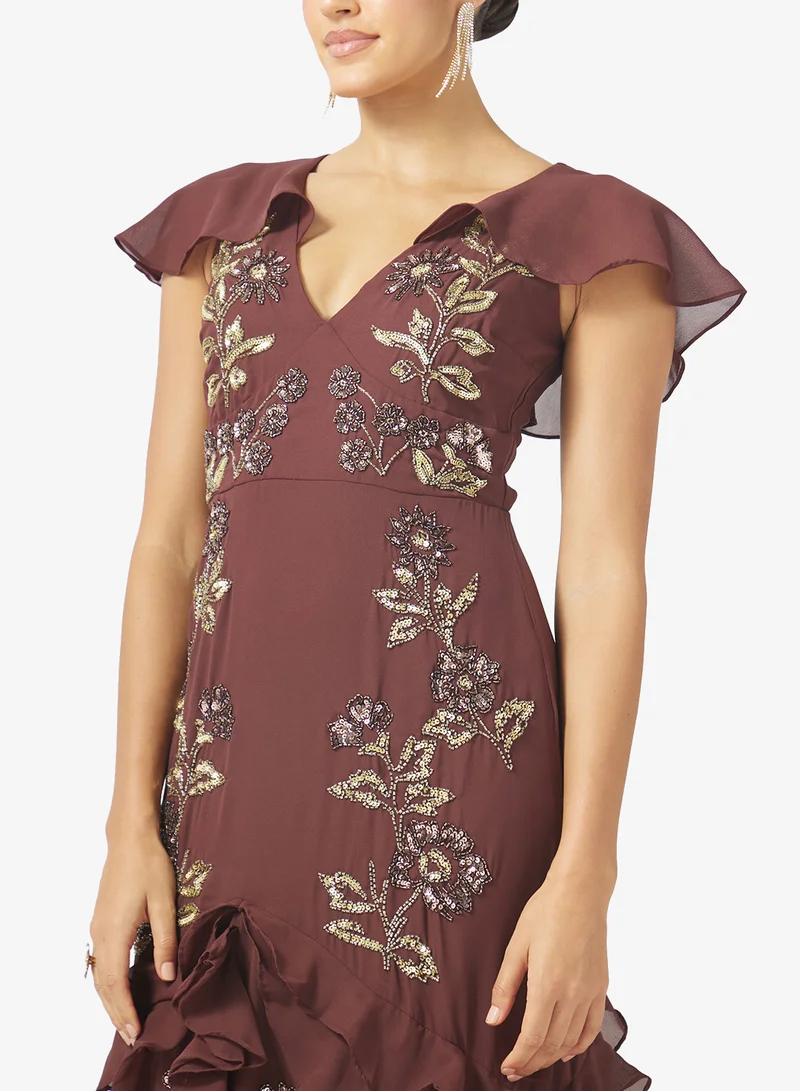 Maya ESPRESSO Embellished Ruffle Split Cape Sleeve Maxi Dress for Women | Best Price UAE