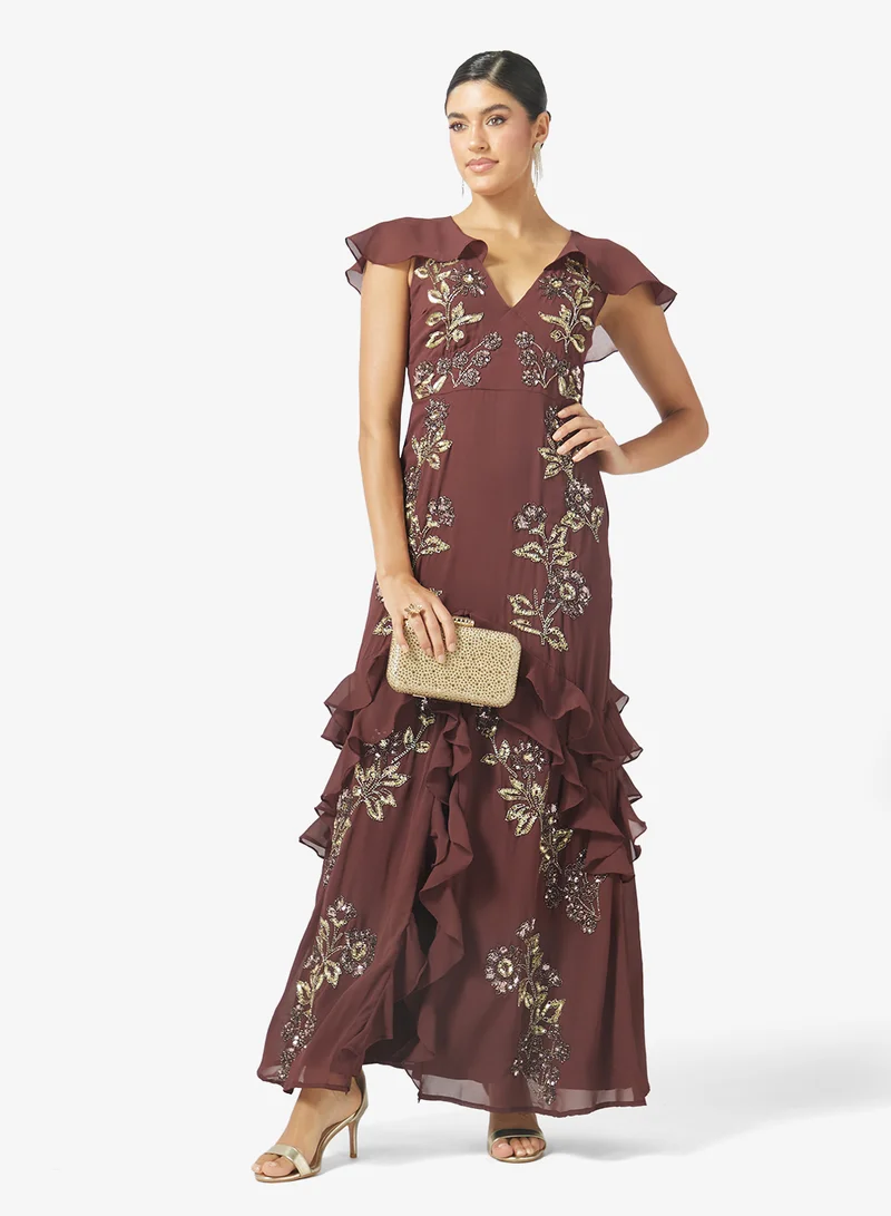 Maya ESPRESSO Embellished Ruffle Split Cape Sleeve Maxi Dress for Women | Best Price UAE