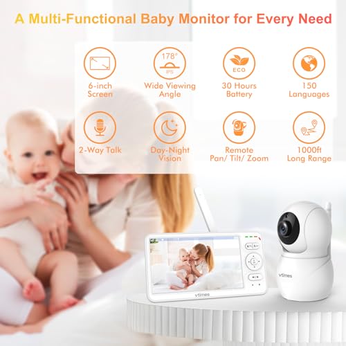 VTimes Baby Monitor with Camera and Audio, 6'' IPS Screen with 30-Hour Battery, Baby Monitor No WiFi Night Vision, ECO, 2-Way Audio, Pan-Tilt-Zoom, Baby Camera Monitor with 1000ft Range, Ideal Gift - Image 4