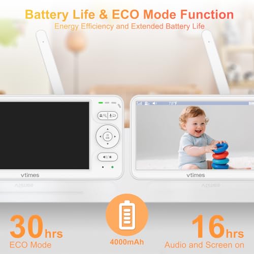 VTimes Baby Monitor with Camera and Audio, 6'' IPS Screen with 30-Hour Battery, Baby Monitor No WiFi Night Vision, ECO, 2-Way Audio, Pan-Tilt-Zoom, Baby Camera Monitor with 1000ft Range, Ideal Gift - Image 5
