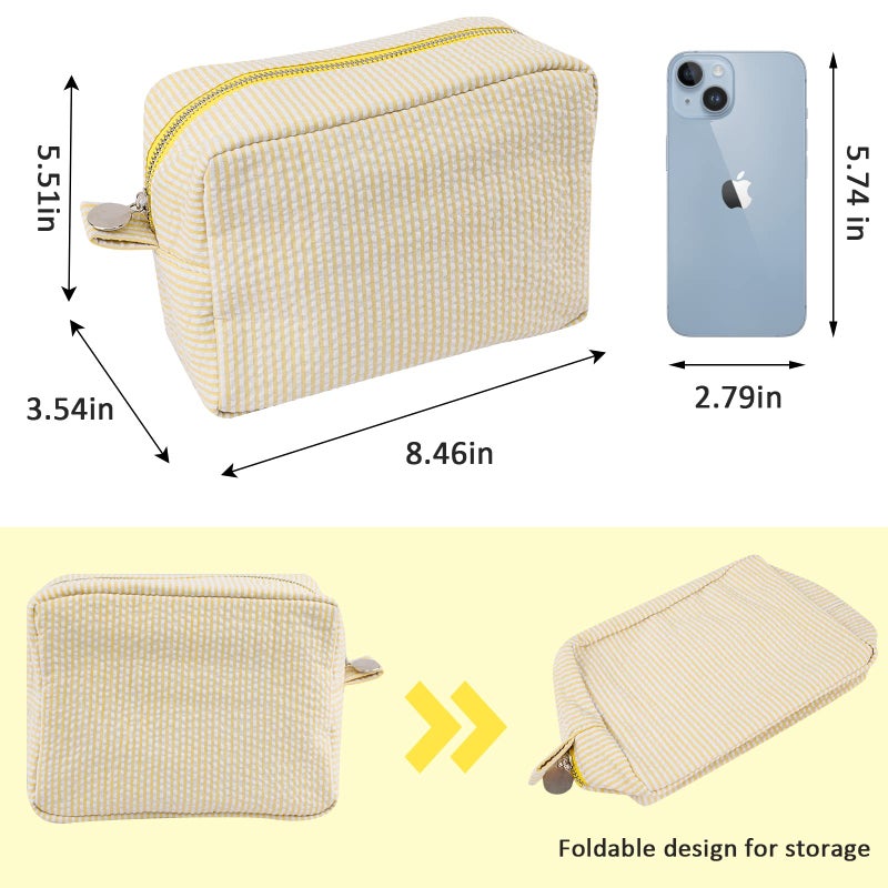 GFU Cosmetic Bags for Women, Seersucker Cosmetic Bag, Travel Toiletry Stripe Makeup Bag, Large Women Aesthetic Organizer Storage Pouch, Girls Handbags Purses, Yellow - Image 5
