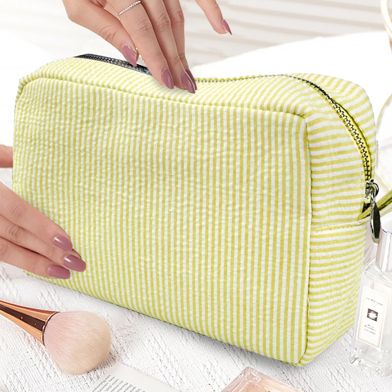 GFU Cosmetic Bags for Women, Seersucker Cosmetic Bag, Travel Toiletry Stripe Makeup Bag, Large Women Aesthetic Organizer Storage Pouch, Girls Handbags Purses, Yellow - Image 4