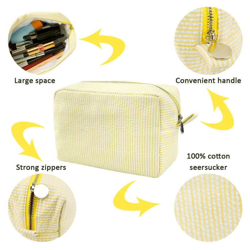 GFU Cosmetic Bags for Women, Seersucker Cosmetic Bag, Travel Toiletry Stripe Makeup Bag, Large Women Aesthetic Organizer Storage Pouch, Girls Handbags Purses, Yellow - Image 3