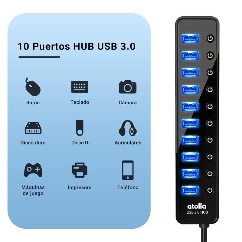 atolla Powered USB 3.0 Hub, atolla 10 Ports USB Data Hub Splitter with Individual ON/Off Switches and 12V/2.5A Power Adapter USB Extension for Mouse, Keyboard, Hard Drive or More USB Devices - Image 2