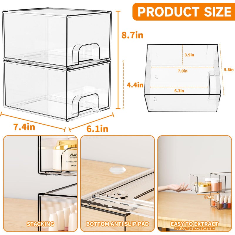 Yieach 2 Pack Clear Stackable Storage Drawers,4.4'' Tall Acrylic Drawer Containers for Organizing,Bathroom Organizers and Storage Bin Box,Plastic Makeup,Medicine Organizer Bins for Cabinet,Undersink - Image 3
