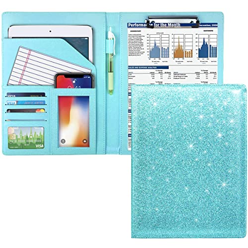 WAVEYU Glitter Portfolio Case for Women, Padfolio Cover for Girls, Conference/Resume/Legal Document Organizer with Letter/A4 Size Clipboard Hardboard, Business Card Holders, Blue+Green - Image 1