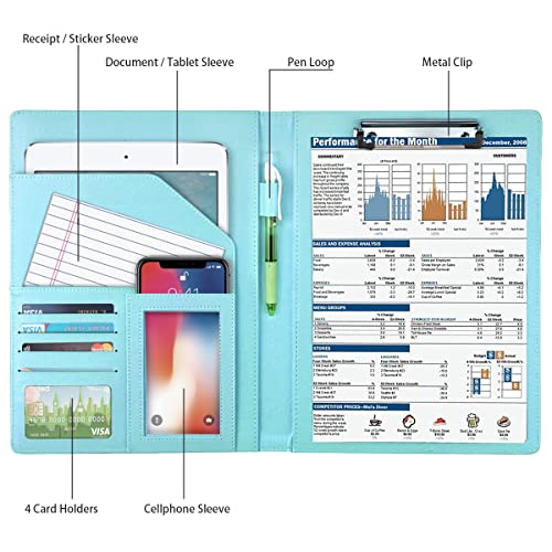 WAVEYU Glitter Portfolio Case for Women, Padfolio Cover for Girls, Conference/Resume/Legal Document Organizer with Letter/A4 Size Clipboard Hardboard, Business Card Holders, Blue+Green - Image 2