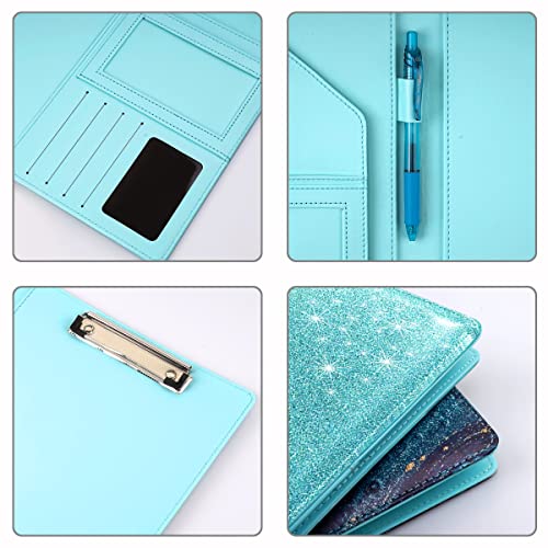 WAVEYU Glitter Portfolio Case for Women, Padfolio Cover for Girls, Conference/Resume/Legal Document Organizer with Letter/A4 Size Clipboard Hardboard, Business Card Holders, Blue+Green - Image 3