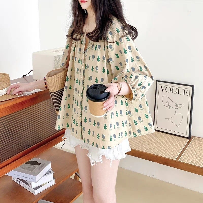 Babydoll Top Womens Summer 2025 New French Sweet Loose V-Neck Lantern Sleeve Tulip Print Shirt Midsole tulip