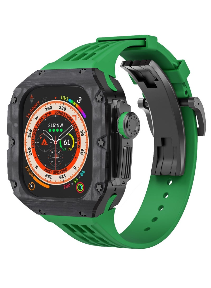 AROAQ Carbon Fiber Case for Apple Watch 49mm Fluororubber Band Metal Bezel Ultra Titanium Alloy Integrated Protective Case Carbon Shell Silver Titanium Frame Strap - Image 1