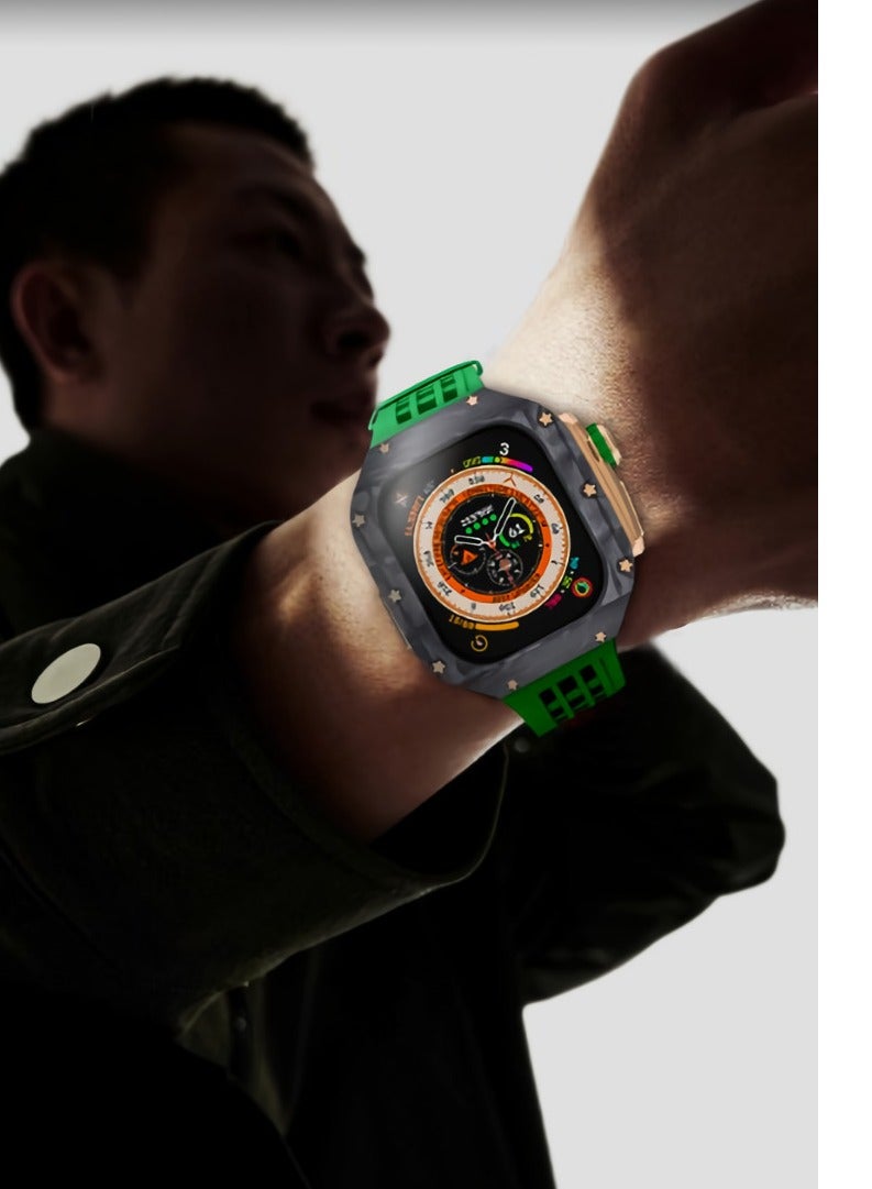 AROAQ Carbon Fiber Case for Apple Watch 49mm Fluororubber Band Metal Bezel Ultra Titanium Alloy Integrated Protective Case Carbon Shell Silver Titanium Frame Strap - Image 4