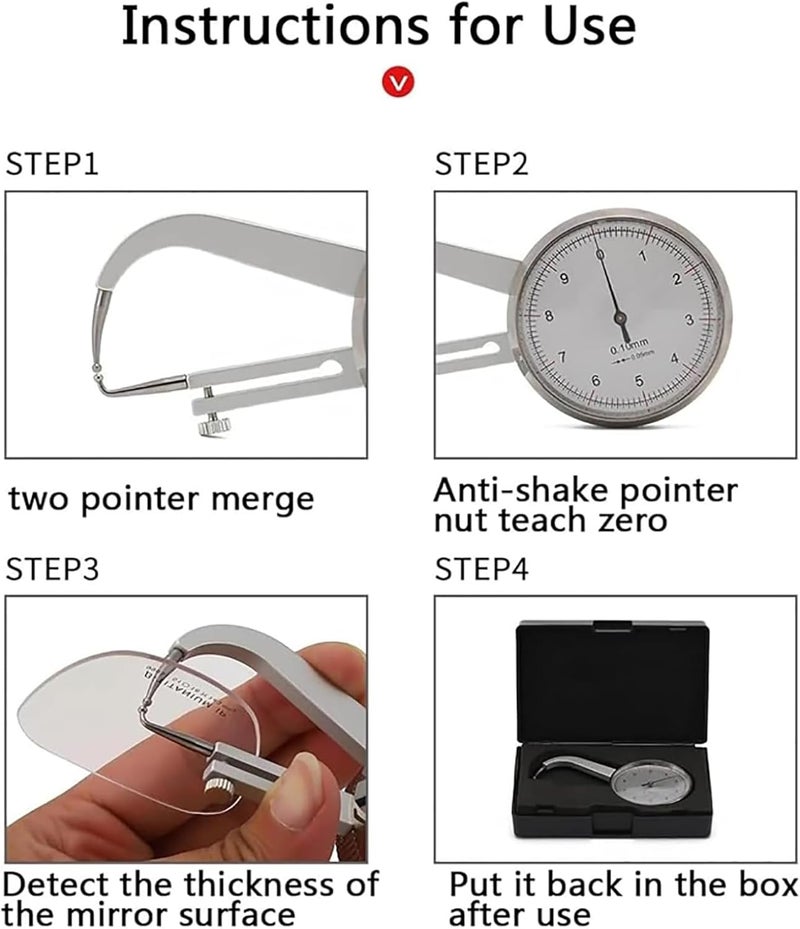 Lens Thickness Gauge Meter for Eyeglasses, Scratch Resistant Probe Tip, Anti-Shake Pointer, Stainless Steel Threads, Ideal for Optical Testing - Image 3