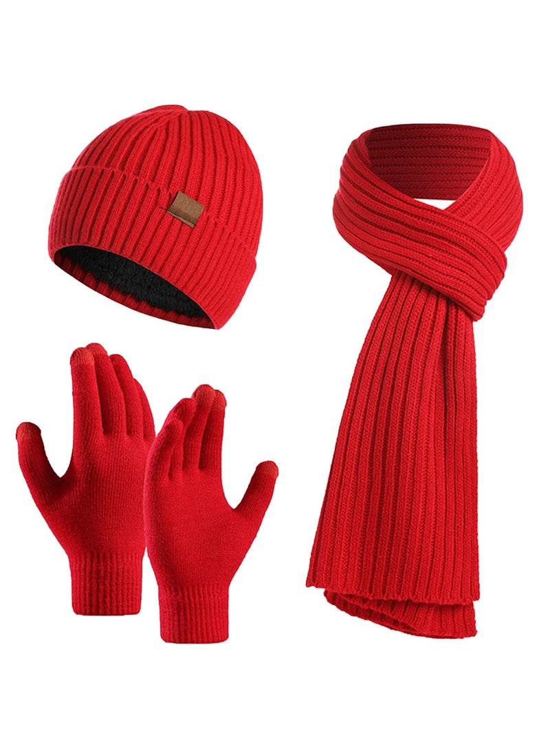 KASTWAVE 3Pcs Winter Beanie Hat Scarf Gloves Set, Set for Men Womens Ski Cap Touch Screen Mittens Suit Couples Matching Hats for Men Women (Light Red) - Image 1