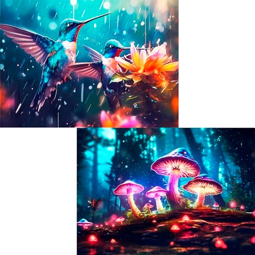 Edsjegn 2 Pack 1000 Piece Puzzle for Adults Jigsaw Puzzles 1000 Pieces 2000 Piece Puzzles for Adults Hummingbird Mushroom Jigsaw Puzzles White Elephant Gifts - Image 1