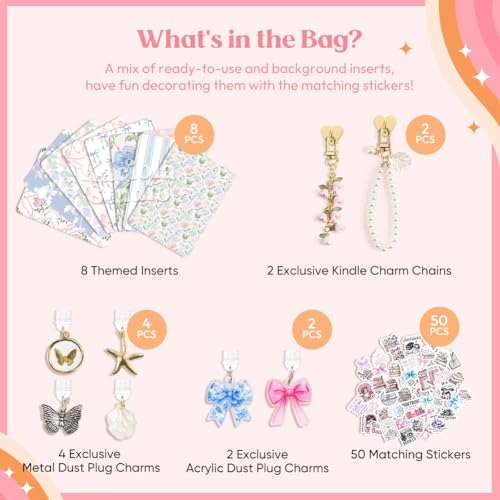 KACIOLA STUDIO 8PCS Inserts Set for E-reader, 6 Type C Charms and 2 Charm Chain with 50PCS Stickers for E-reader, 6.9"x4.8" Insert Vintage Flower Theme for Paper White11th/12th, Gifts for Booklovers - Image 3
