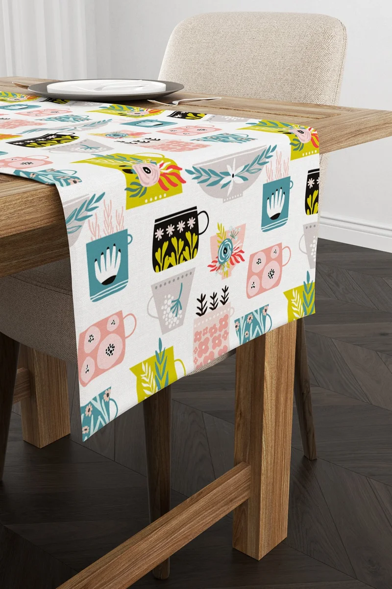 Cango Home White Multicolor Decorative Cup Patterned Digital Printed Runner CGH608-RN