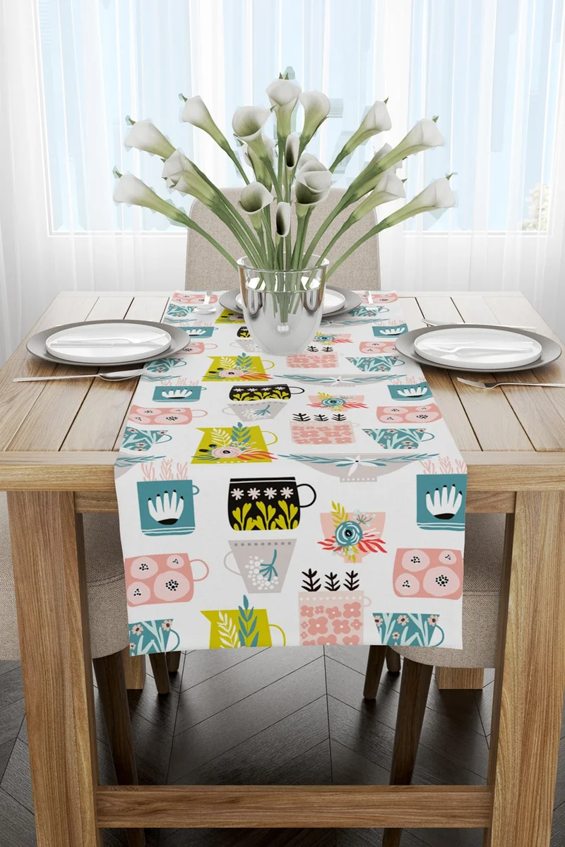 Cango Home White Multicolor Decorative Cup Patterned Digital Printed Runner CGH608-RN