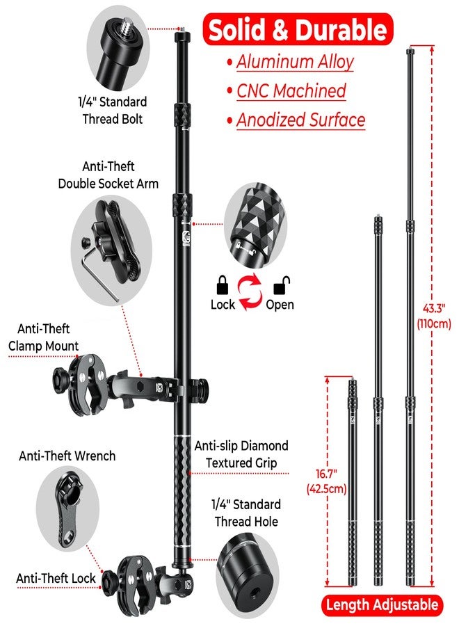 VAZESWIN Aluminum Alloy Motorcycle Camera Mount Kit for GoPro Insta360 DJI, 360° Rotating Heavy-Duty Bike Handlebar Anti-Theft Clamp Mount with Extendable Selfie Stick for Motorcycle Bike ATV UTV - Image 2