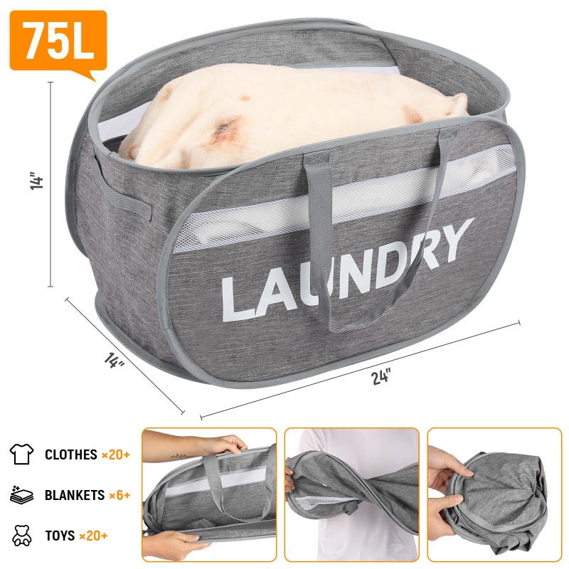 Bemkoo Collapsible Laundry Baskets, Foldable Clothes Hamper with Reinforced Handles, Sturdy Pop Up Hampers for Laundry, Tear Proof & Easy to Carry Laundry Hamper for Home, Apartment, Dorm, Travel Grey - Image 5