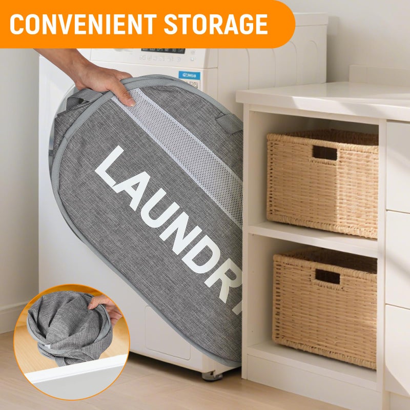 Bemkoo Collapsible Laundry Baskets, Foldable Clothes Hamper with Reinforced Handles, Sturdy Pop Up Hampers for Laundry, Tear Proof & Easy to Carry Laundry Hamper for Home, Apartment, Dorm, Travel Grey - Image 4