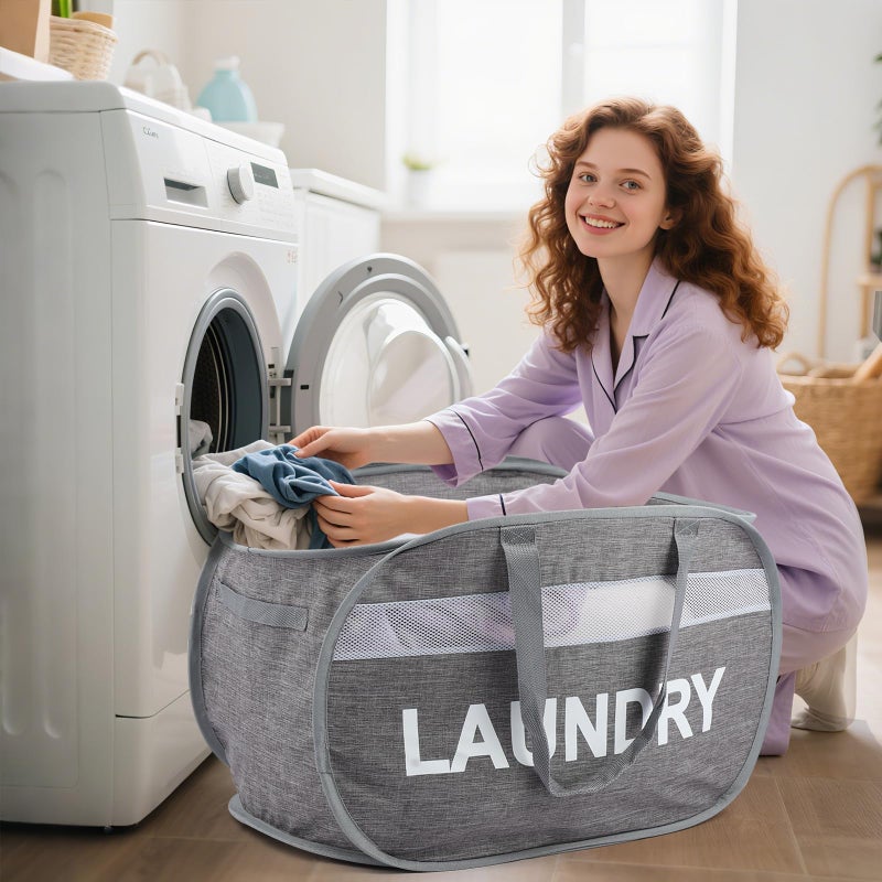 Bemkoo Collapsible Laundry Baskets, Foldable Clothes Hamper with Reinforced Handles, Sturdy Pop Up Hampers for Laundry, Tear Proof & Easy to Carry Laundry Hamper for Home, Apartment, Dorm, Travel Grey - Image 2