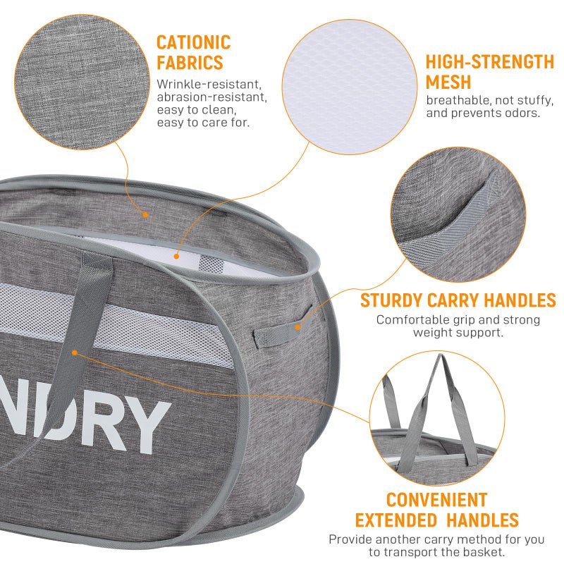 Bemkoo Collapsible Laundry Baskets, Foldable Clothes Hamper with Reinforced Handles, Sturdy Pop Up Hampers for Laundry, Tear Proof & Easy to Carry Laundry Hamper for Home, Apartment, Dorm, Travel Grey - Image 3