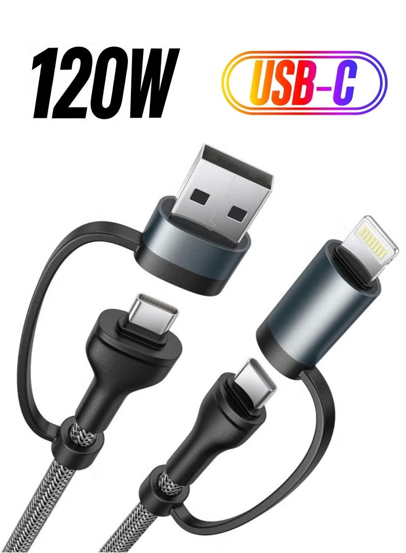 Rock Pow USB C Lightning Adapter Cable 120W USB C to USB C Adapter Cable 1.2m PD Fast Charging Cable 4 in 1 USB Multi Cable for iPhone 15 14 13 MacBook Pro 2023 iPad Mini 6 Samsung Galaxy S22 S21 S20 - Image 1