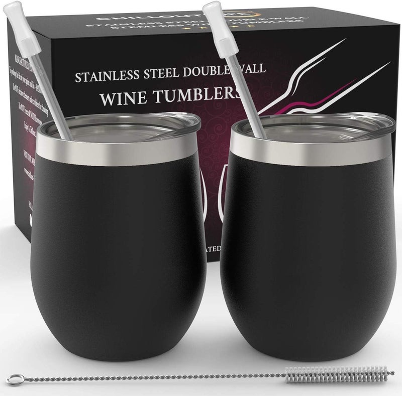 CHILLOUT LIFE Stainless Steel Wine Tumblers 2 Pack 12 oz  Double Wall Vacuum Insulated Wine Cups with Lids and Straws Set for Coffee Wine Cocktails Black