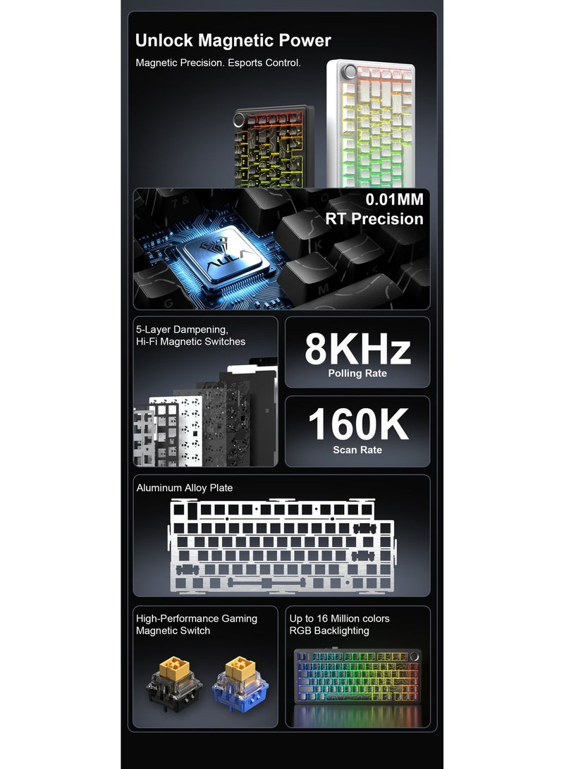 AULA F75 HE Gaming Keyboard with Magnetic Switches, 3-Mode, BT/2.4G/USB-C, 8000Hz Polling Rate, 4000mAh Battery, Supports DKS and SOCD, Adjustable Playback, Color (Black/Gray Gradient) - Image 3