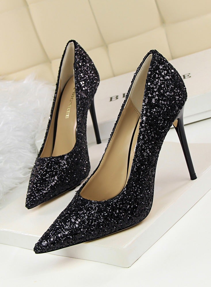 بيج تري Women's Shiny Sequins Fashionable Stiletto Pumps 9.5 cm Elegant Gorgeous Closed Pointed Toe Slip On Solid High Heels Black - Image 1