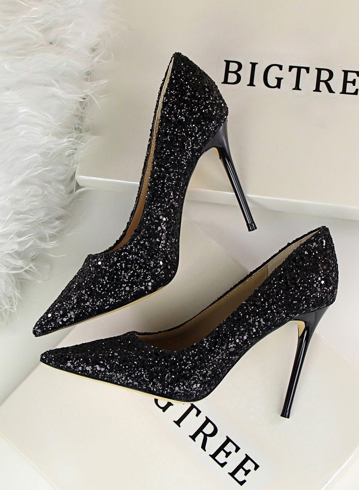 بيج تري Women's Shiny Sequins Fashionable Stiletto Pumps 9.5 cm Elegant Gorgeous Closed Pointed Toe Slip On Solid High Heels Black - Image 3