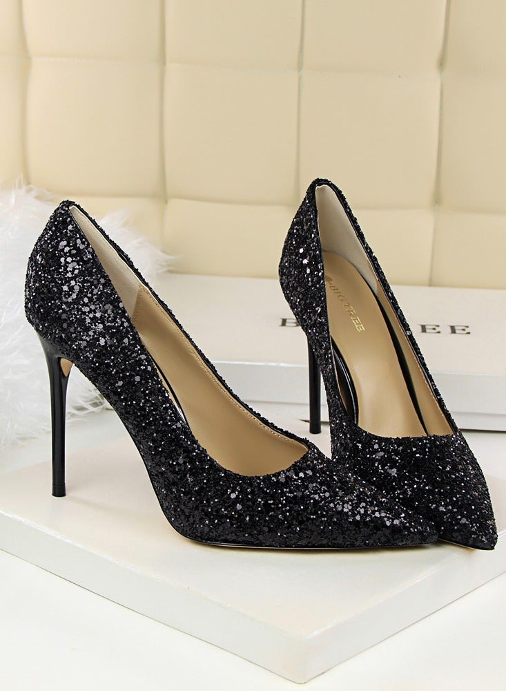 بيج تري Women's Shiny Sequins Fashionable Stiletto Pumps 9.5 cm Elegant Gorgeous Closed Pointed Toe Slip On Solid High Heels Black - Image 2