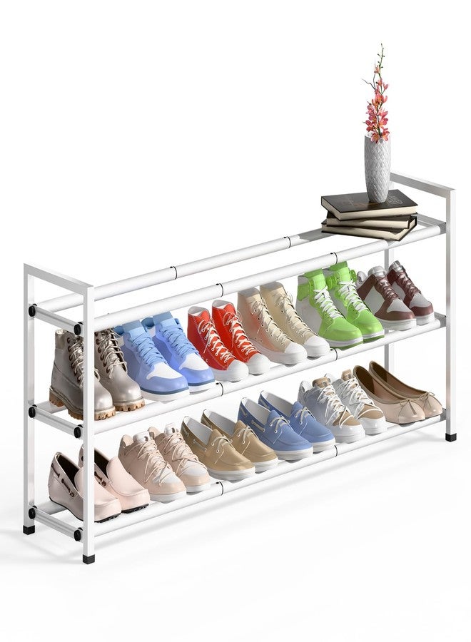 Bumusty 3-Tier Long Expandable Shoe Rack for Closet, 18"-44" Adjustable Shoe Rack for Entryway, 15-18 Pairs Large Shoe Organizer Shelf Storage, Sturdy Metal, White - Image 1