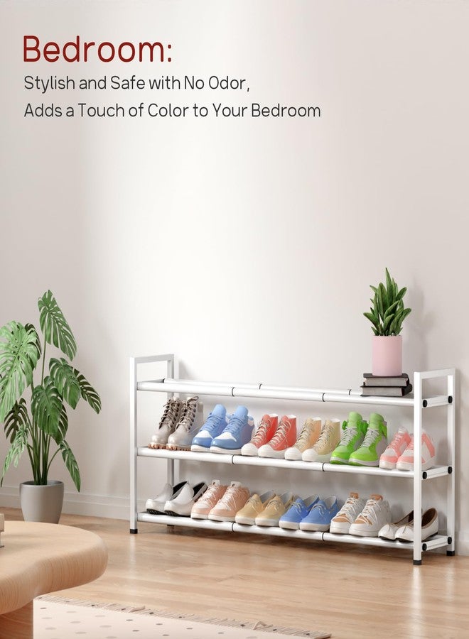 Bumusty 3-Tier Long Expandable Shoe Rack for Closet, 18"-44" Adjustable Shoe Rack for Entryway, 15-18 Pairs Large Shoe Organizer Shelf Storage, Sturdy Metal, White - Image 3