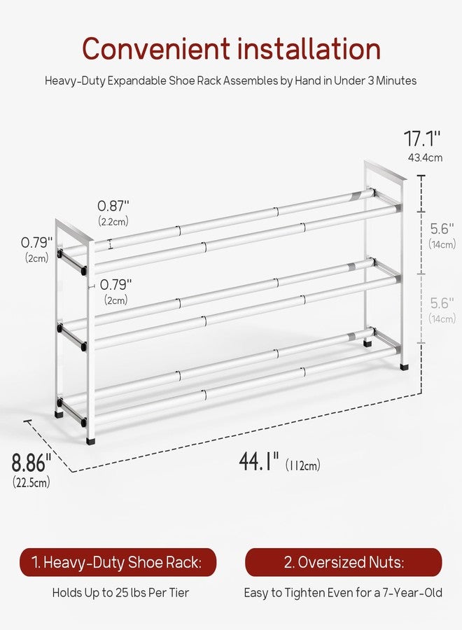 Bumusty 3-Tier Long Expandable Shoe Rack for Closet, 18"-44" Adjustable Shoe Rack for Entryway, 15-18 Pairs Large Shoe Organizer Shelf Storage, Sturdy Metal, White - Image 4
