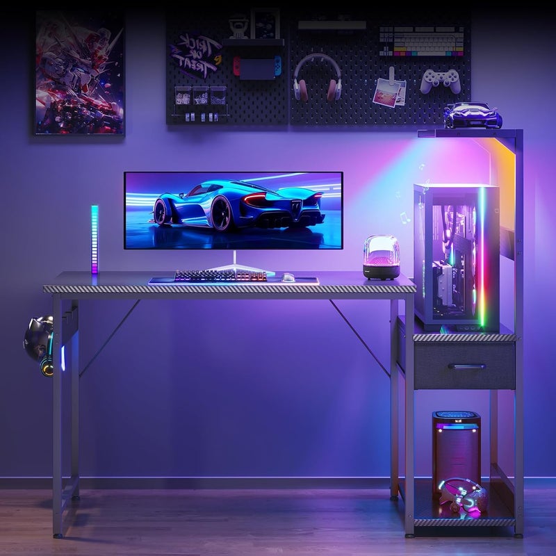 Coleshome 120×48 cm Gaming Desk with LED Lights, Reversible Computer Desk with Drawers & Display Shelves, Gaming Table with Headphone Hook, Carbon Fiber Black - Image 4