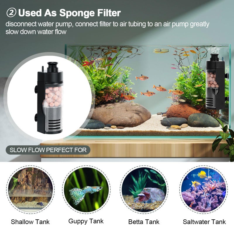 hygger Quiet Fish Tank Filter with Bio Balls Sponge Air Hose, Aquarium in-Tank Filter for 10-40 Gallon 7W 100 GPH - Image 4