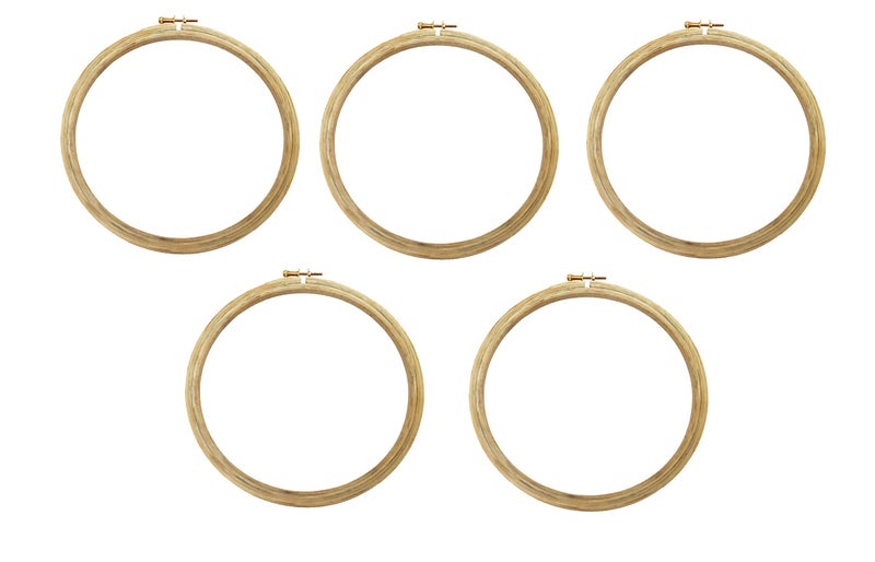 MALKAS BOUTIQUE Round Wooden Embroidery Hoop Frame with Rust-Free Plastic Covered Metal Screw for Better Adjustment, Used for Crafting, Punch Needle Set for Embroidery, 5 Pcs Combo (8 Inch) - Image 1
