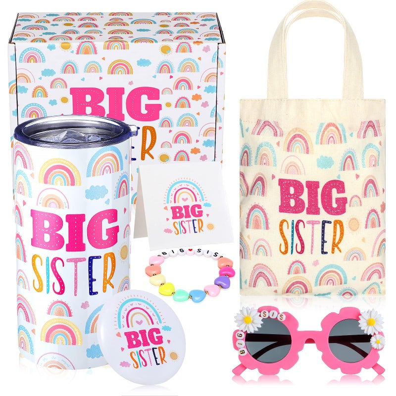 Shinylin 6 Pcs Christmas Big Sister Gift for Girls 12 oz Pink Big Sister Cup Canvas Tote Bag and Bracelet Sunglasses Badge New Sibling Gift for Little Girls Age 28