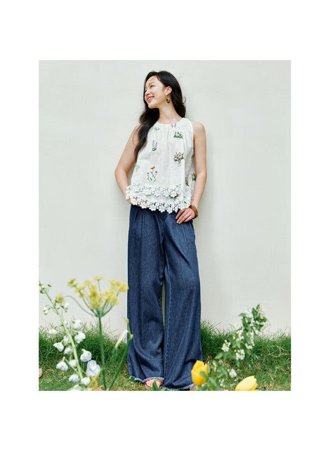 Inman Sweet Embroidered Lace Spliced Off-shoulder Vest Summer New Women's Sleeveless Top White Base Print XL - Image 2