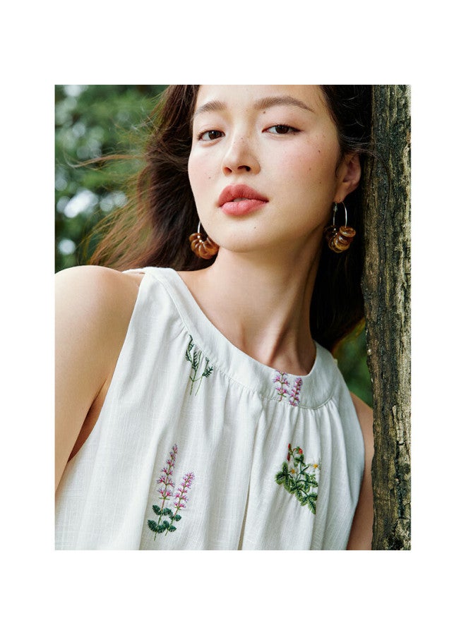 Inman Sweet Embroidered Lace Spliced Off-shoulder Vest Summer New Women's Sleeveless Top White Base Print XL - Image 1