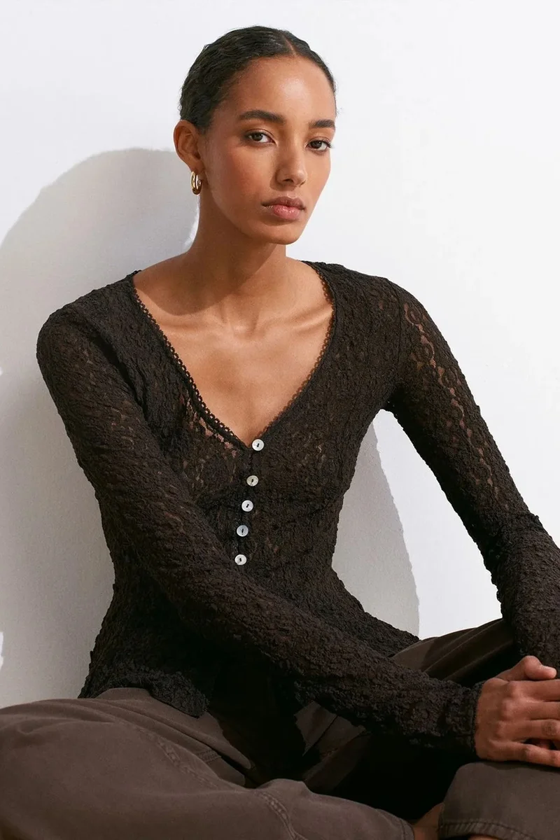 Dilvin Black DILVIN Lace V-Neck Button Cardigan for Women | Best Price UAE