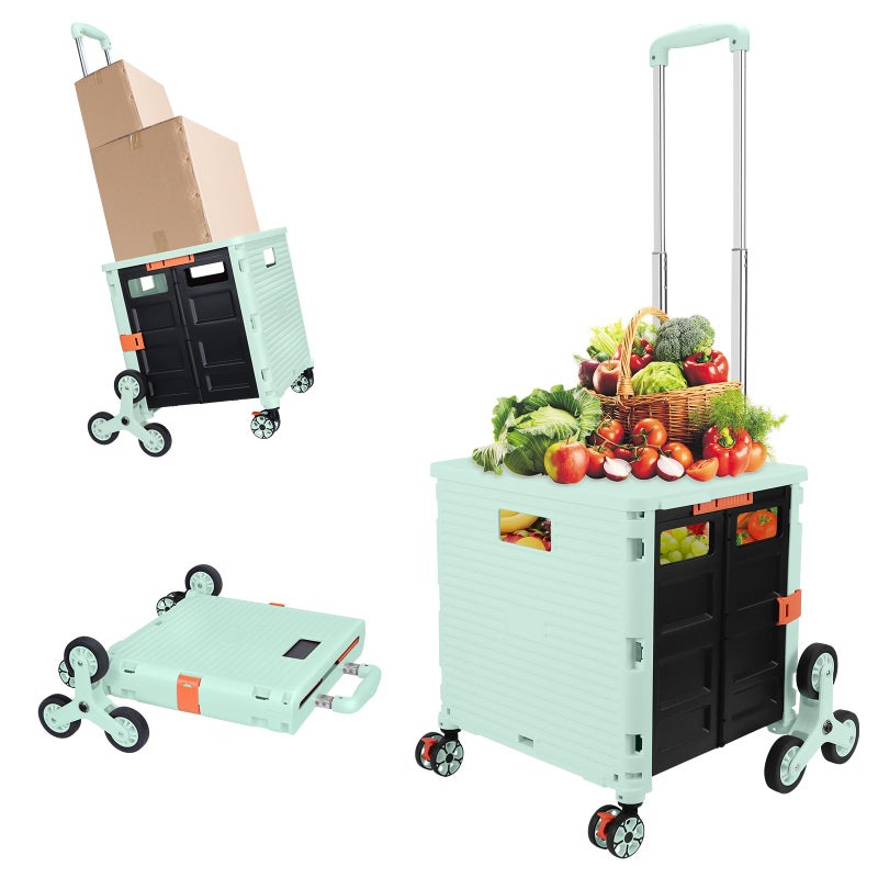 FELICON SELORSS Folding Utility Cart Portable Rolling Crate Handcart with Stair Climbing Wheels360Swivel Wheels Telescoping Handle Plastic Box Dolly for Travel Shop Move Office Teacher UseGreen