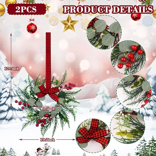 JUSTOTRY 2Pcs Christmas Wreath, 10 Inch Mini Wreaths for Kitchen Cabinets, Christmas Door Wreath, Small Christmas Wreath for Fireplace Window Farmhouse Indoor Home Decorations - Image 2