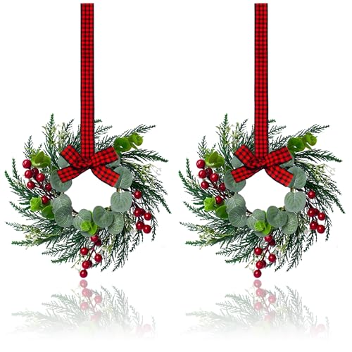 JUSTOTRY 2Pcs Christmas Wreath, 10 Inch Mini Wreaths for Kitchen Cabinets, Christmas Door Wreath, Small Christmas Wreath for Fireplace Window Farmhouse Indoor Home Decorations - Image 1
